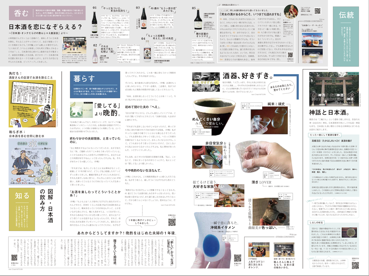 呑む、暮らす、伝統、など「日本酒のフルラインナップ」を意識した誌面。